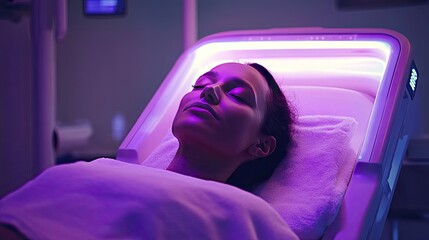 Relaxing Woman Under LED Light Therapy for Skin Treatment