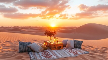 A desert adventure travel setup featuring camel treks and a colorful sunset over vast sand dunes