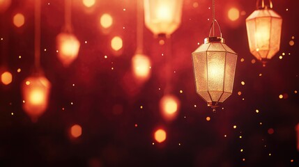 Floating golden lantern shapes casting a warm glow over a dark red abstract gradient.