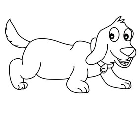 Cute cartoon hand drawn vector cheerful puppy dog coloring page.
