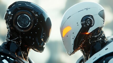 Fototapeta premium Digital Faceoff: Two Futuristic Robots Confront