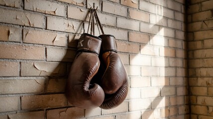 Boxing Gloves Hanging on Brick Wall, Vintage Gym, Boxing