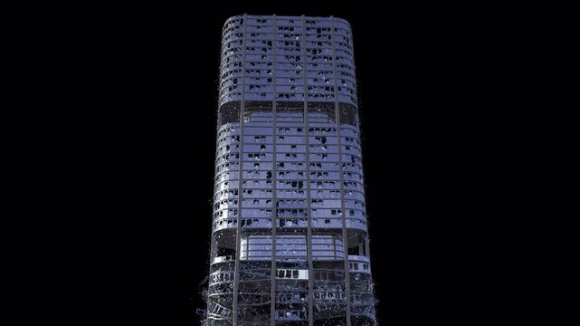 Realistically modeled(with inner and outer walls, concrete parts, columns, floor levels and bricks) building collapsing with dust and debris 4K drag and drop editing software supporting blending mode