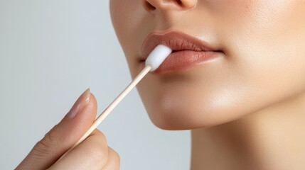 Close-Up of Woman Applying Cotton Swab to Lips for Beauty Care