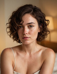 Intimate portrait of a topless woman with messy curls and freckles, savoring a serene moment in warm natural light.