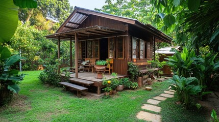 Obraz premium A small house with a vegetable garden, during nature, Live a simple life in the countryside of Thailand,