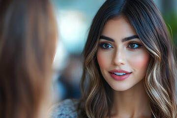 Fototapeta premium Woman with Brown Hair and Eyes Smiles, Showing Confidence and Beauty. Her Soft Makeup Enhances Features, Expressing Positivity and Warmth.