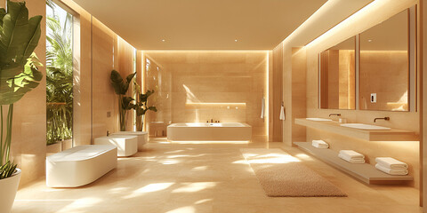 Luxurious Beige Bathroom Design with Freestanding Tub,  Showers, and Double Vanity, Featuring Natural Light and Plants