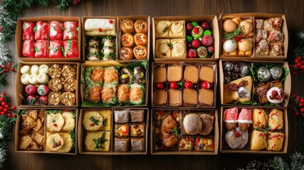 Aerial view of festive meal boxes with holiday-themed healthy treats, [seasonal boxed meals], [celebration and health]