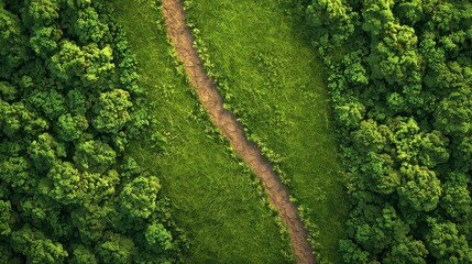 Serene Aerial View of a Curved Path Through Lush Green Forest Surrounded by Vibrant Vegetation and Rich Earth Tones, Inviting Exploration of Nature's Beauty