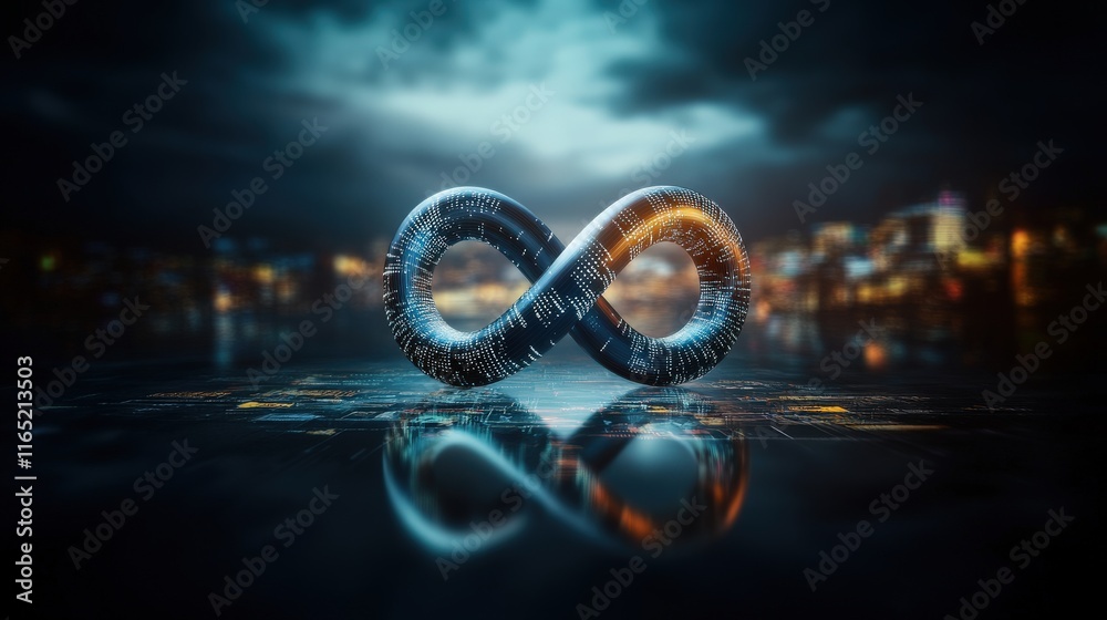 Poster futuristic representation of infinity symbol with digital elements in a night cityscape background s
