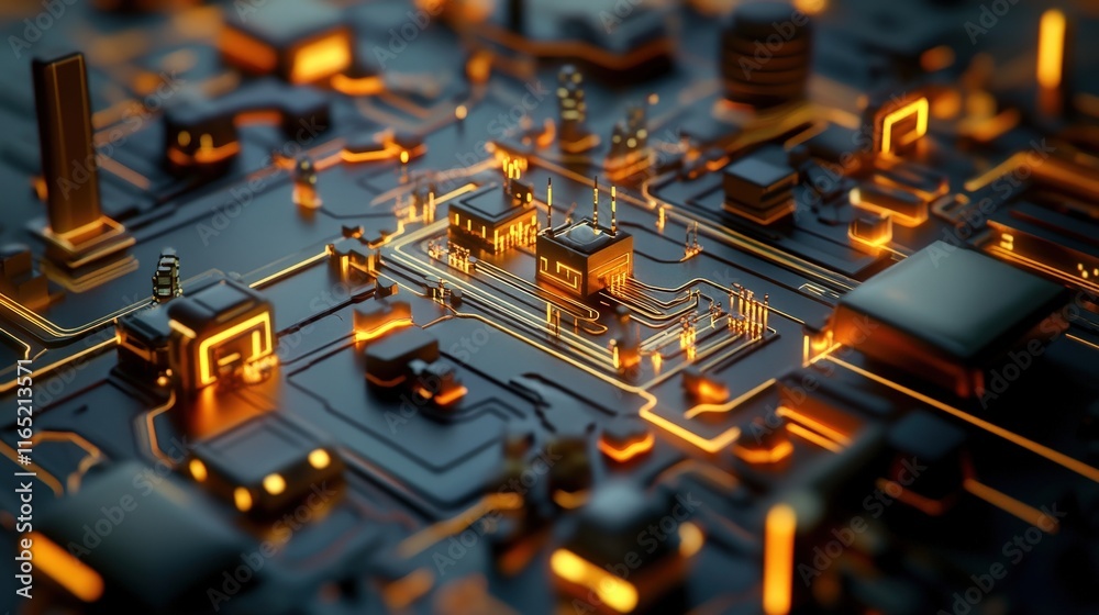 Poster Close-Up View of a Futuristic Circuit Board with Glowing Neon Elements and Intricate Details, Perfect for Technology and Digital Concepts Representation