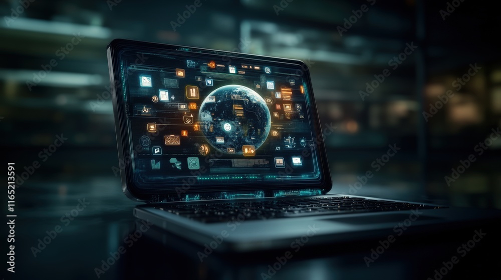 Poster Futuristic Laptop Displaying Conceptual Digital Interface with Global Connectivity, Data Analysis, and Technological Innovation in Dark Atmosphere