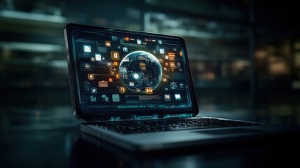 Futuristic Laptop Displaying Conceptual Digital Interface with Global Connectivity, Data Analysis, and Technological Innovation in Dark Atmosphere