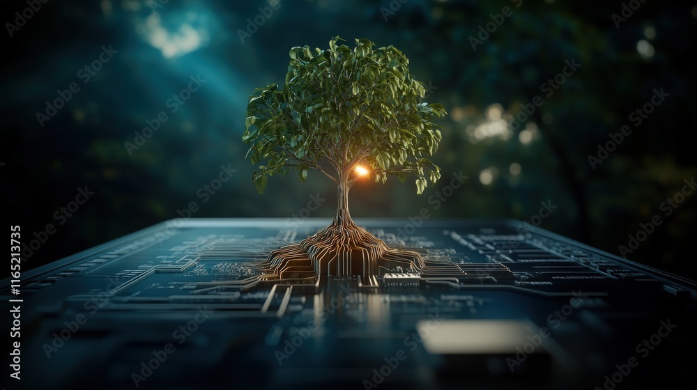 Poster a lush green plant growing from a circuit board symbolizing the fusion of nature and technology in a