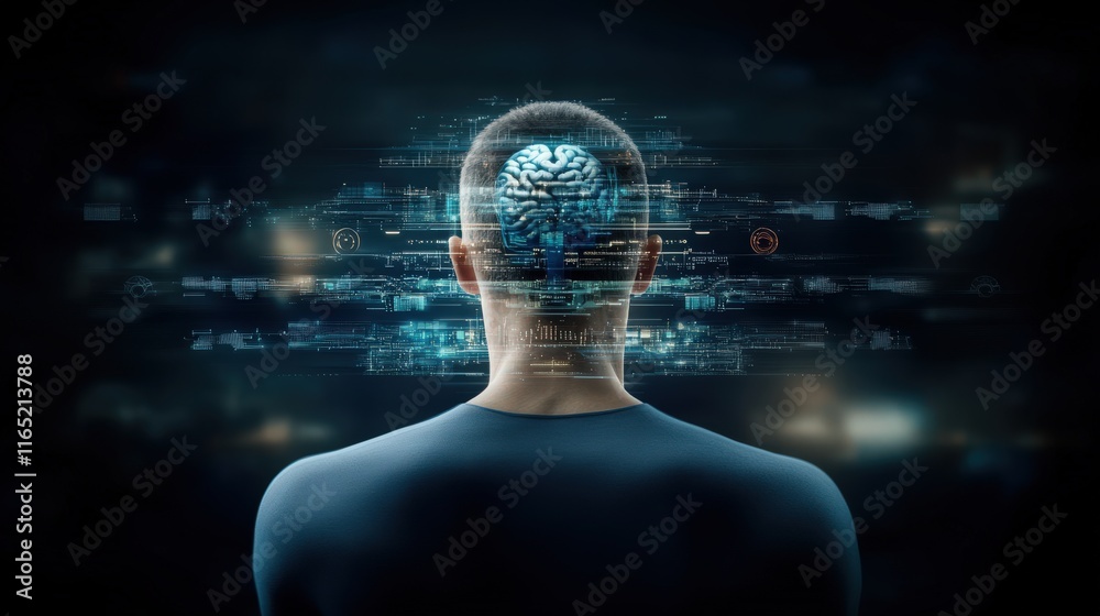 Poster Futuristic Concept of Human Brain with Digital Data Visuals Representing Artificial Intelligence and Technology Integration for Stock Photography