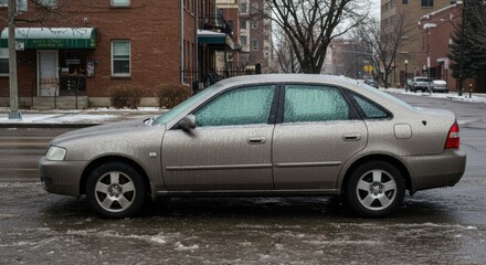 Sedan covered in ice parked on snowy urban street during winter storm