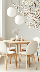 Minimalist Dining Room Decor, Light Wood Table, White Chairs, and Elegant Pendant Lights Enhance a Serene Atmosphere with Blooming Branches.