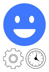 Blue happy face above black gear and clock. Ideal for efficiency, productivity, work-life balance, time management, happiness, teamwork, success, abstract line flat metaphor