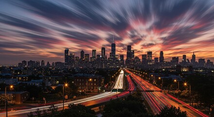 Fototapeta premium Dynamic urban sunset over vibrant city skyline and traffic trails