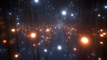 Obraz premium Digital Lightscape, Glowing orbs cascade through dark space, creating a mesmerizing infinite tunnel of light and energy.
