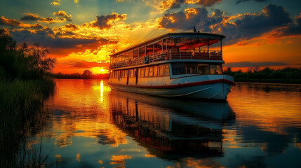 Fototapeta premium Sunset Cruise, Riverboat at Golden Hour, Reflecting Tranquility on Water, Serene Evening