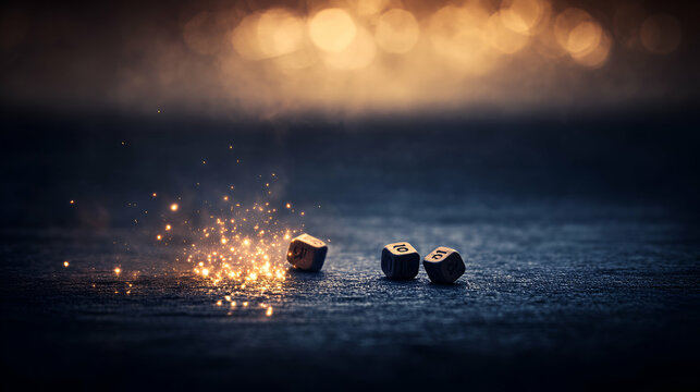 Magic Dice Roll, Sparkling Destiny Unveiled, Three Wooden Cubes Land on Dark Surface with Glowing Embers, Illuminating the Fateful Outcome.