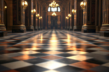 Grand Palace Hallway, Checkered Floor, Gilded Columns, and Warm Light Reflecting Beautifully.