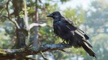 Obraz premium A close-up of a crow perched on a branch, its sleek black feathers glistening in the sunlight, with a pure white background emphasizing its detailed features, captured with HD realism.