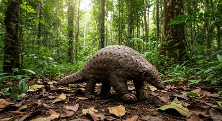 Obraz premium Pangolin in lush green rainforest under sunlight