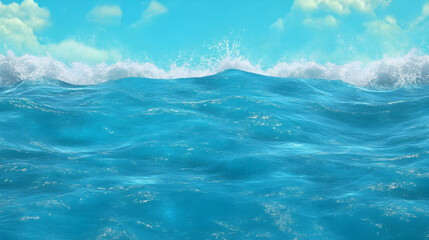 Ocean Waves Crashing Under a Sunny Sky, Creating a Majestic Seascape.  Nature's powerful water movement display.