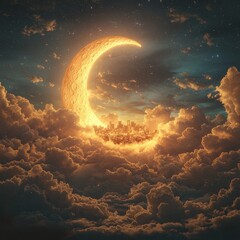 Celestial cityscape under a glowing moon urban night sky digital art dreamlike atmosphere aerial perspective