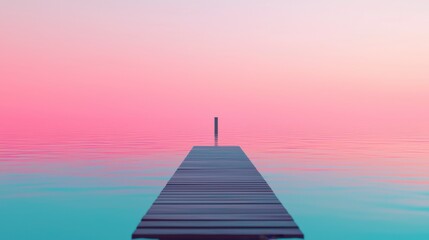 Fototapeta premium Serene Wooden Dock Extending Over Tranquil Waters at Twilight with Soft Pink and Blue Hues Blending Seamlessly in the Sky and Reflected in Calm Surface