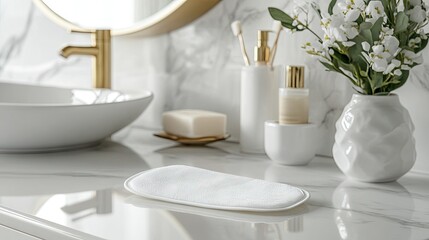 Elegant Bathroom Vanity with Decorative Accessories and Soft Textiles