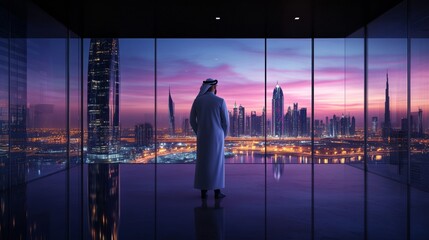 Plakat Young saudi business man standing in the 3d rendering office watching the modern city night view, view from the outside