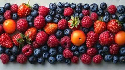 Obraz premium Assorted fresh berries and plums arranged in a row.