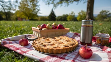 Enjoying a picturesque picnic with homemade apple pie, fresh apples, and delightful treats on a sunny day at the park