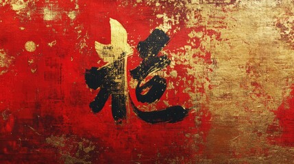 Flowing calligraphy in Chinese New Year style, surrounded by abstract red and gold textures.