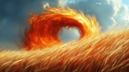 Fiery vortex swirling over golden wheat field under dramatic sky.
