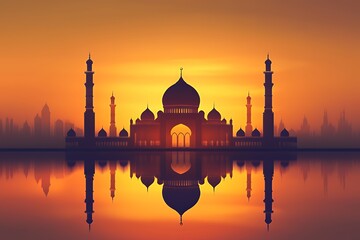 Majestic Mosque Silhouette at Sunset Over Cityscape