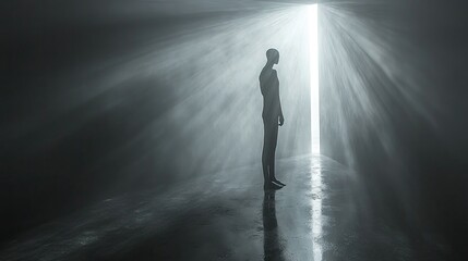 Figure silhouette stands in a bright doorway in a dark room.