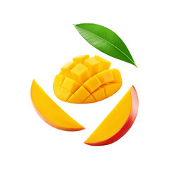 Ripe mango slices with green leaf on transparent background