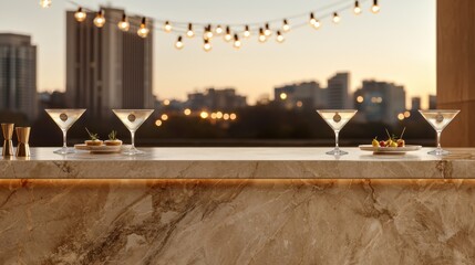 Evening cocktail gathering rooftop bar drinks urban setting warm glow social experience