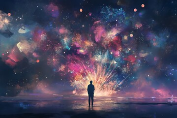 Solitary Figure Witnessing Celestial Fireworks Display