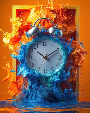 Dynamic water explosion with alarm clock studio setting high-impact visuals creative concept bold colors
