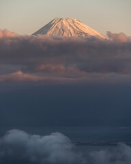 Morning view of Mount Fuji from Darumayamakogen Tenbodai, an observation deck in Izu, Shizuoka,...