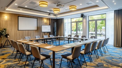 Fototapeta premium Modern conference room set up for a business meeting.