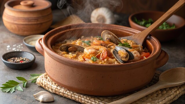 Enjoying traditional arroz de marisco in an authentic clay pot filled with fresh seafood and aromatic herbs