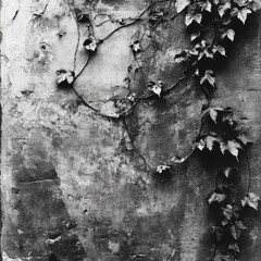 Monochrome close-up of ivy climbing a weathered wall.