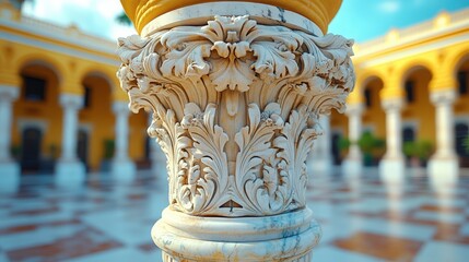 Ornate Architectural Column with Intricate Leaf Patterns in Courtyard of Historic Building Surrounded by Vibrant Yellow Walls and Blue Sky